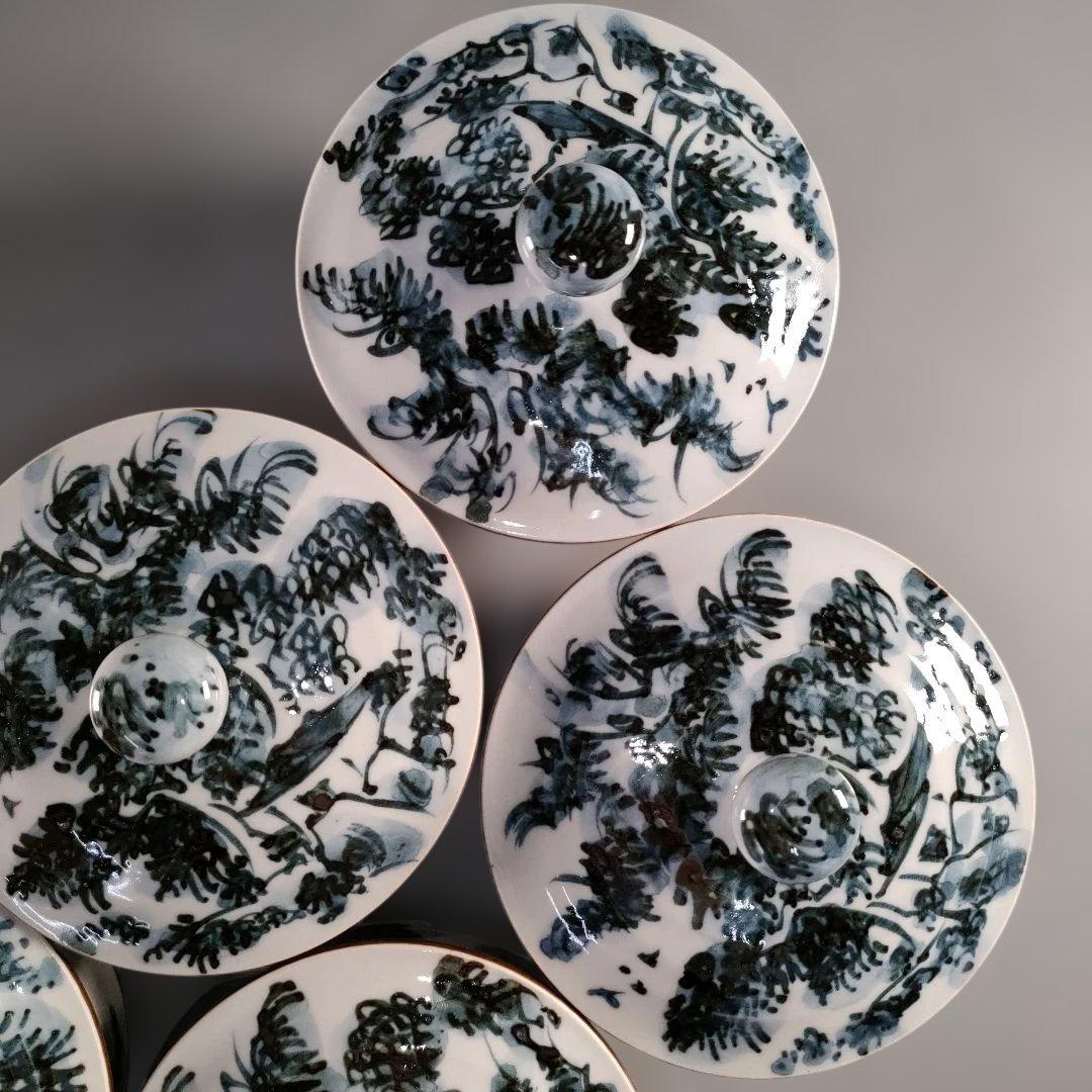 A1384-1/京焼・清水焼/平安瑞古 造/古染山水蓋付汲出茶碗5客/共箱/茶器