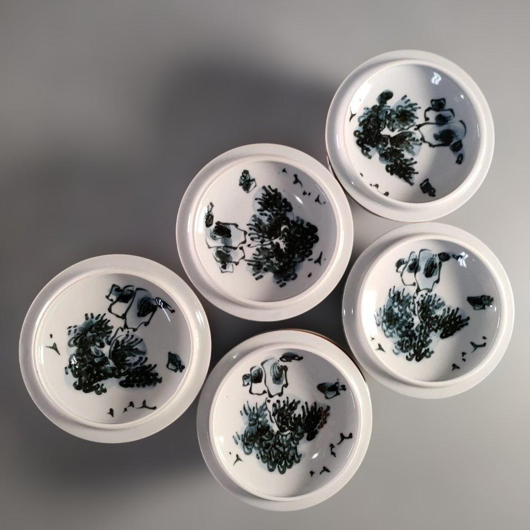 A1384-1/京焼・清水焼/平安瑞古 造/古染山水蓋付汲出茶碗5客/共箱/茶器