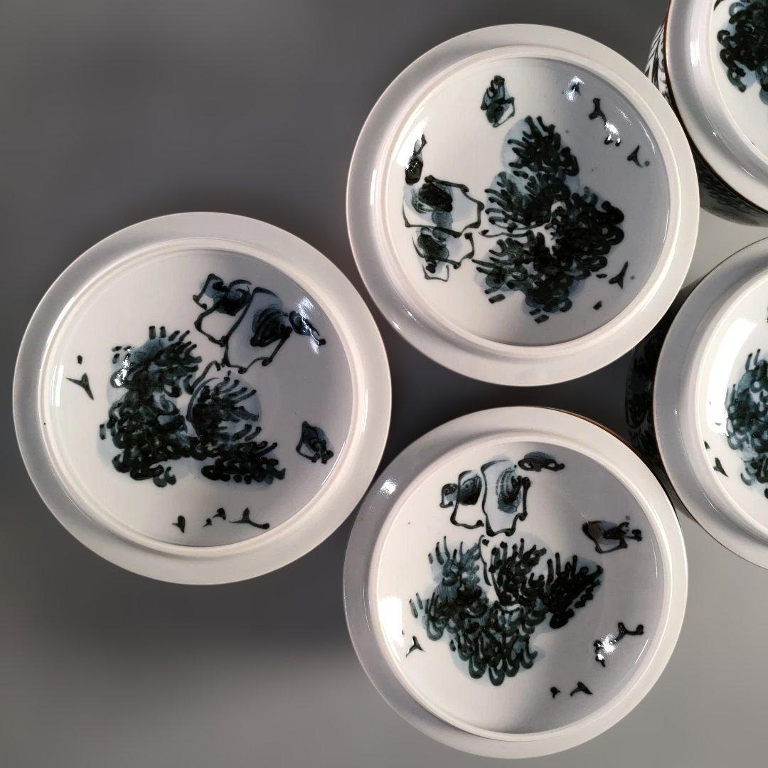 A1384-1/京焼・清水焼/平安瑞古 造/古染山水蓋付汲出茶碗5客/共箱/茶器