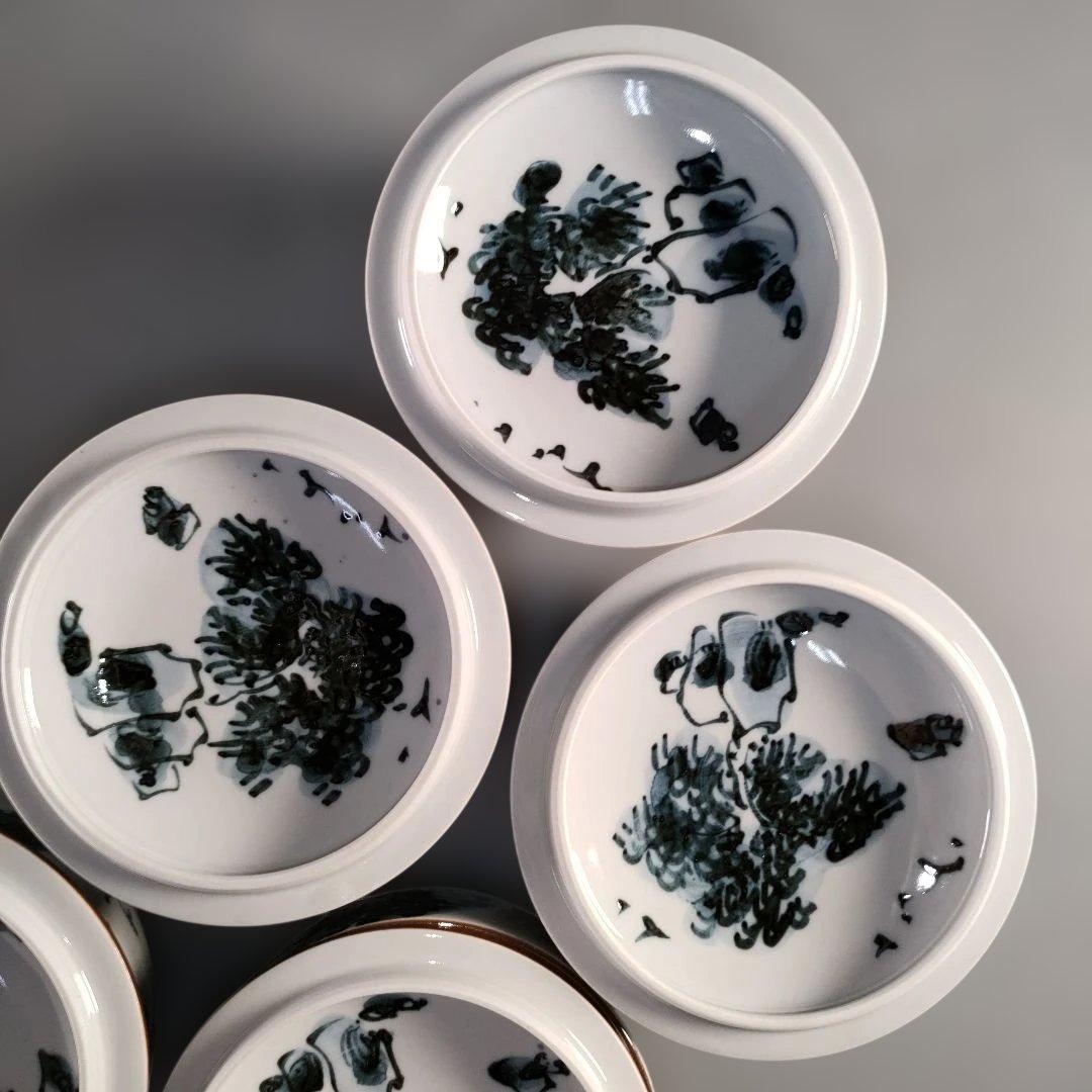 A1384-1/京焼・清水焼/平安瑞古 造/古染山水蓋付汲出茶碗5客/共箱/茶器