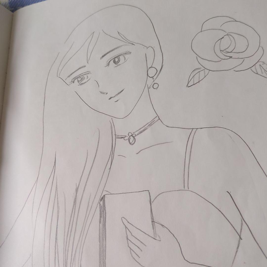 女性とバラの鉛筆画