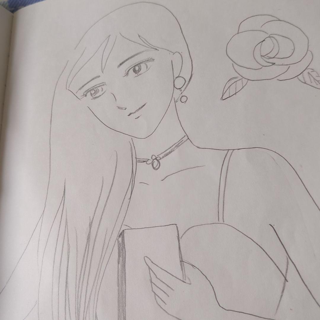 女性とバラの鉛筆画