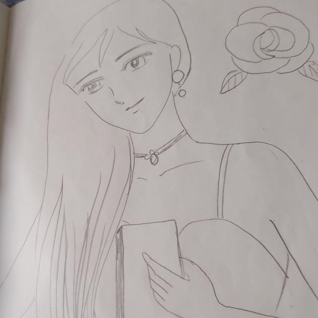 女性とバラの鉛筆画