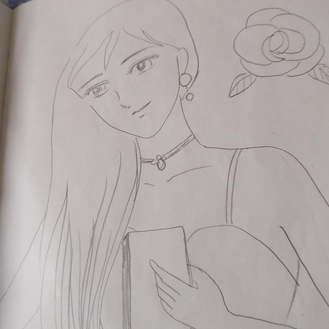 女性とバラの鉛筆画