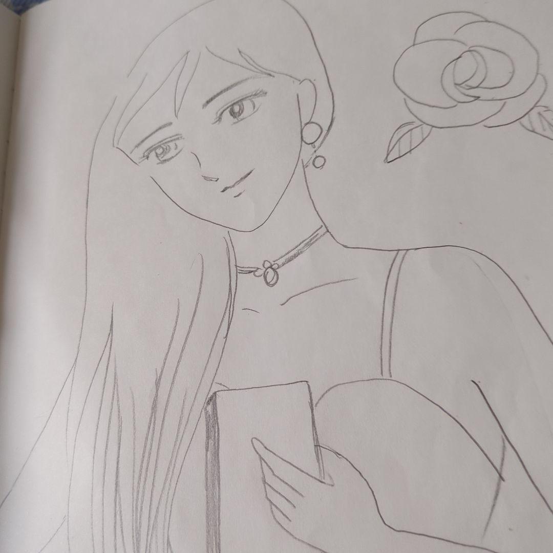 女性とバラの鉛筆画