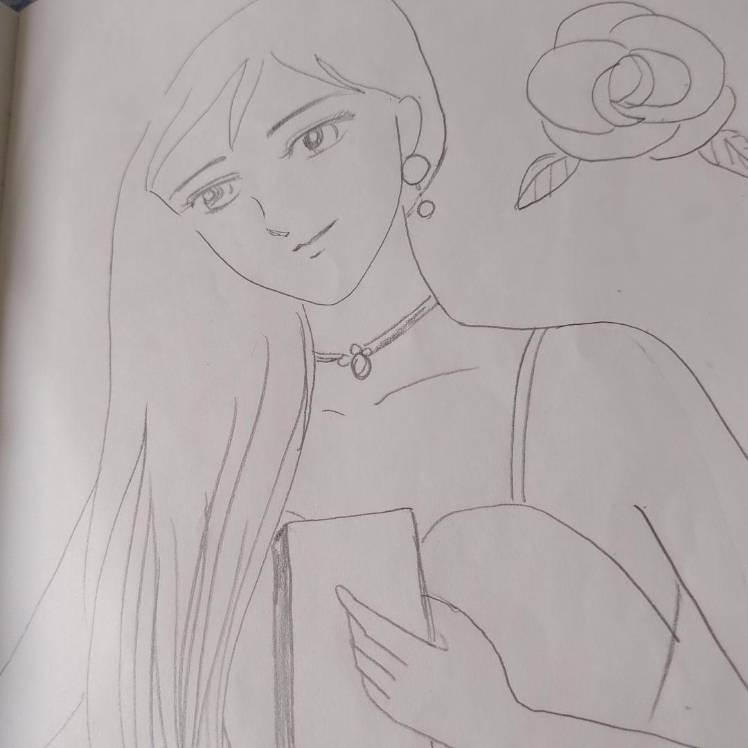 女性とバラの鉛筆画