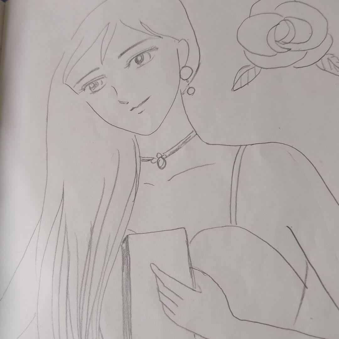 女性とバラの鉛筆画