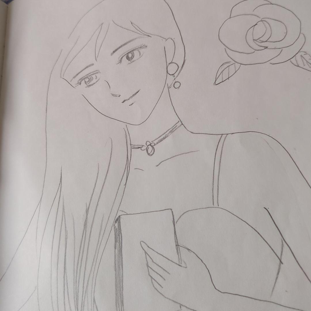 女性とバラの鉛筆画