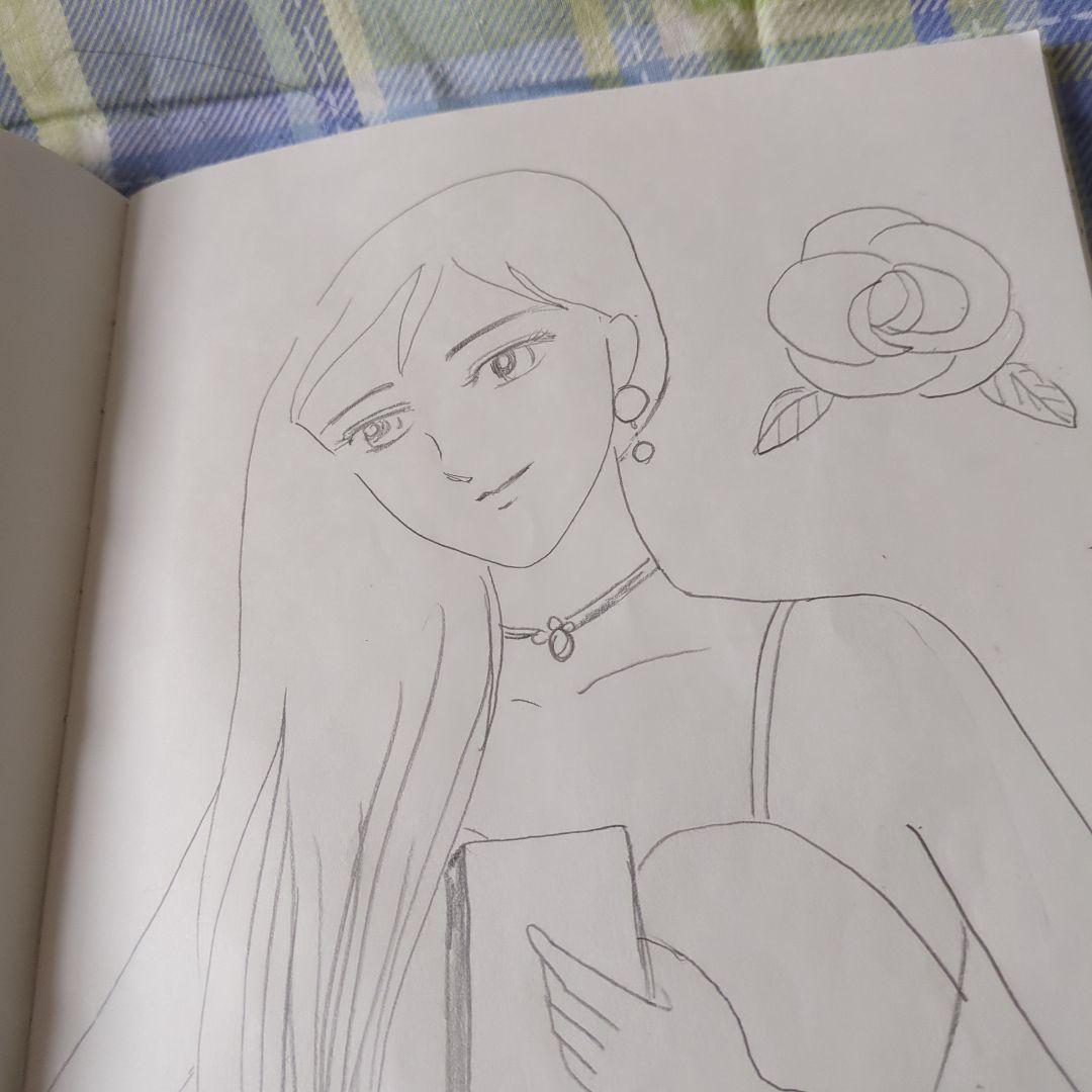 女性とバラの鉛筆画