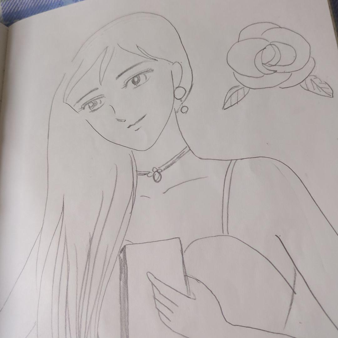 女性とバラの鉛筆画