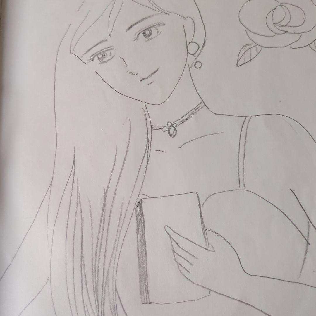 女性とバラの鉛筆画