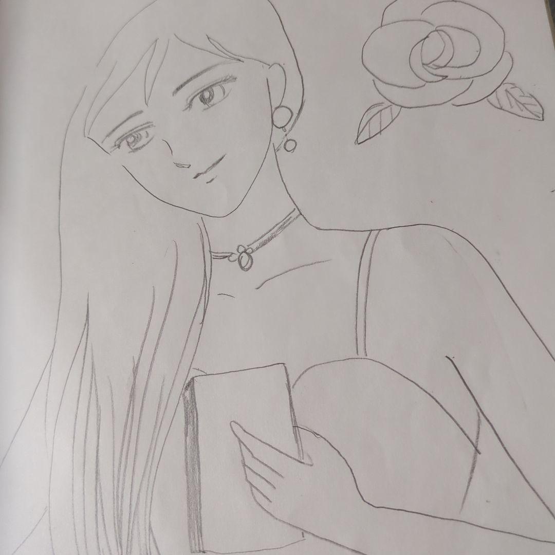 女性とバラの鉛筆画