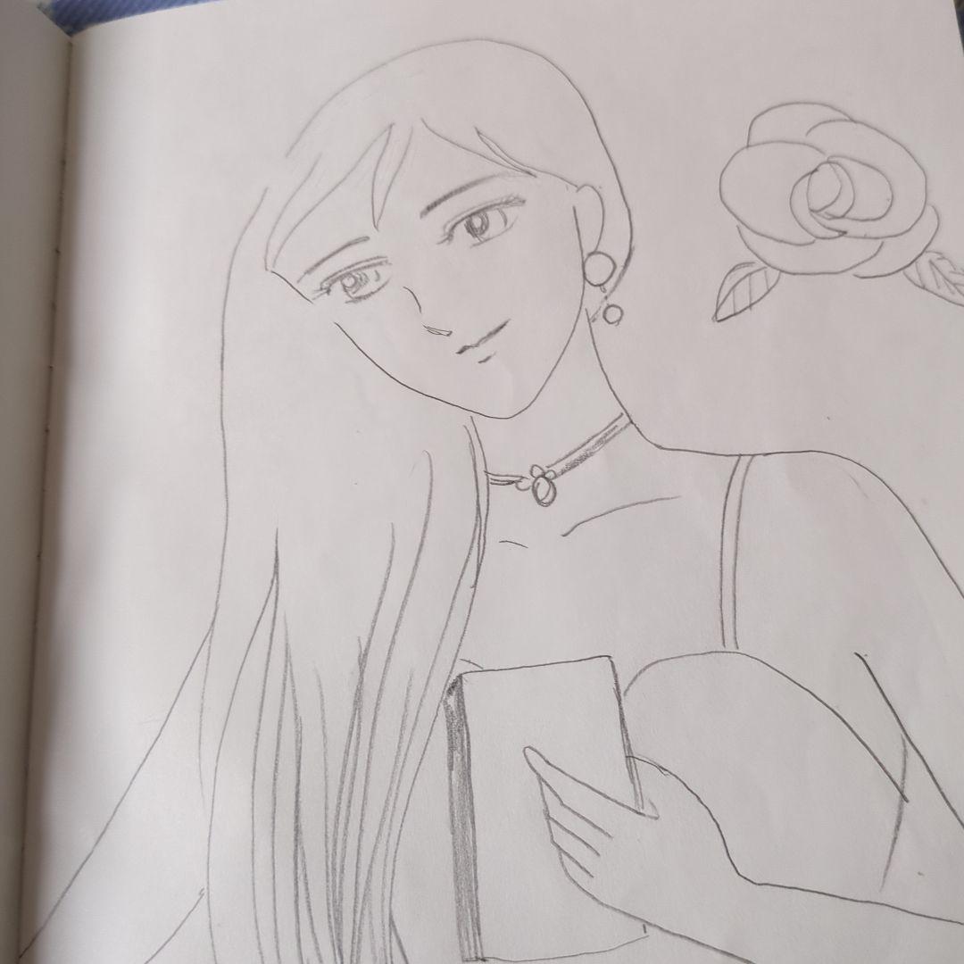 女性とバラの鉛筆画