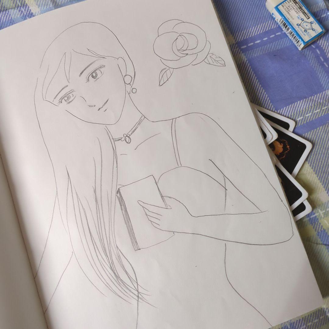 女性とバラの鉛筆画