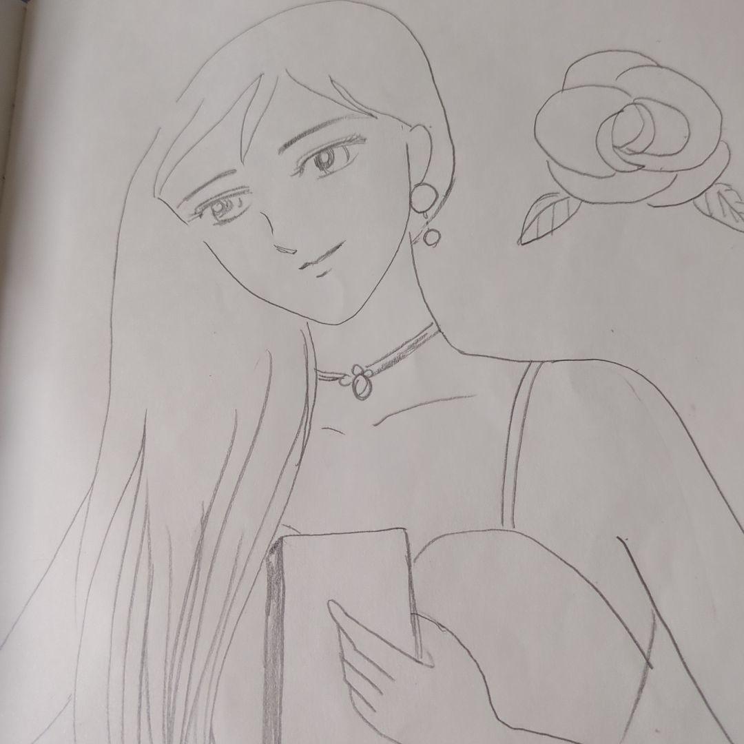 女性とバラの鉛筆画