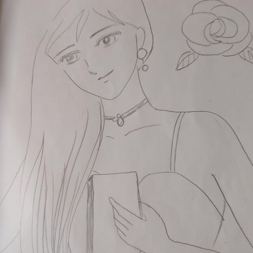 女性とバラの鉛筆画