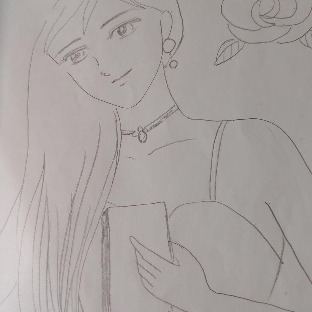 女性とバラの鉛筆画