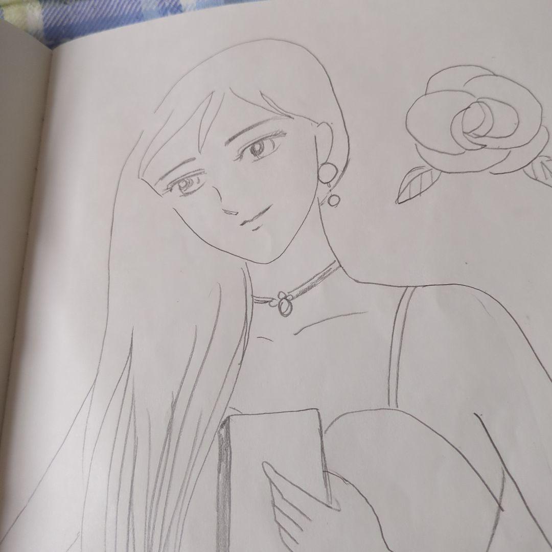 女性とバラの鉛筆画