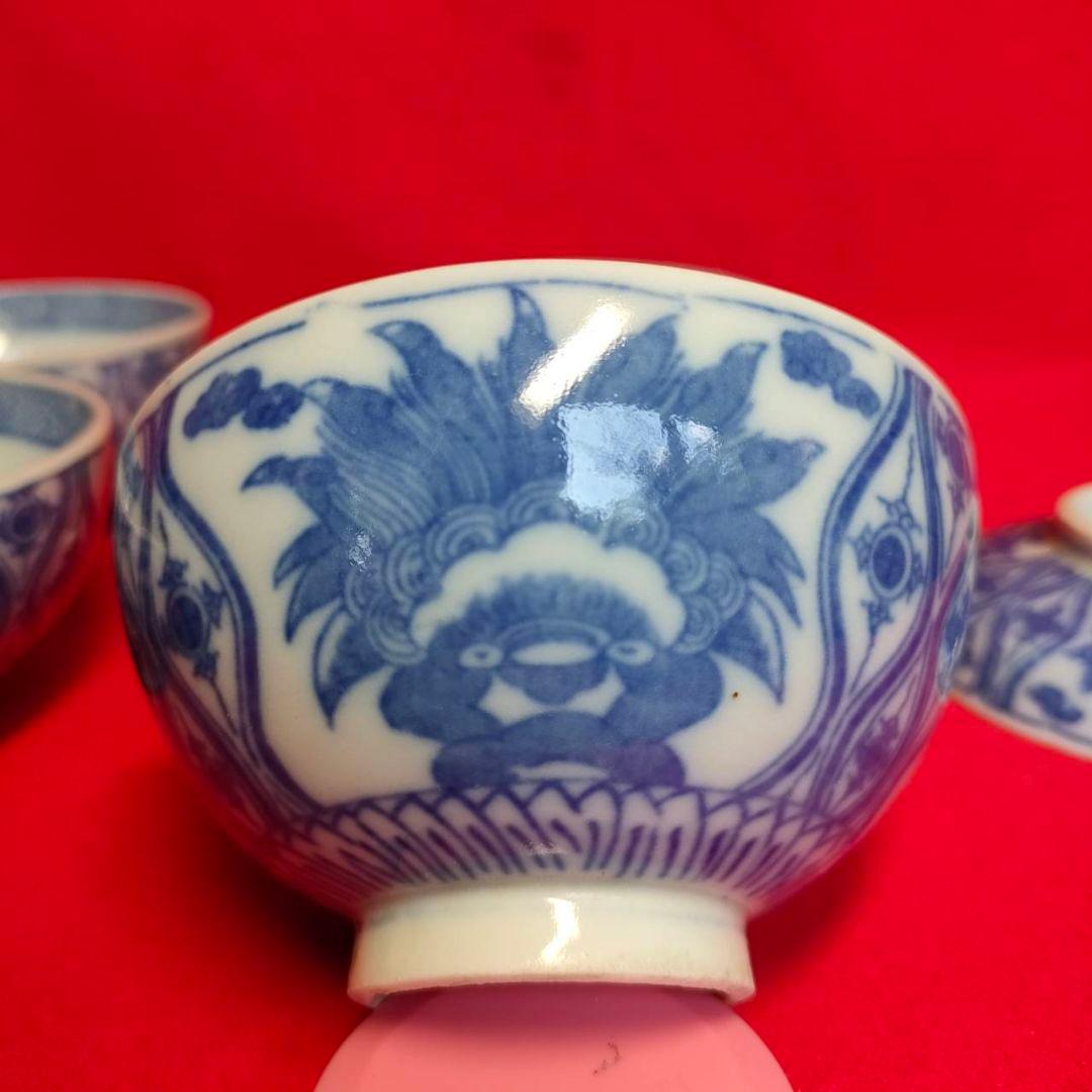 伊万里焼 角福 明治時代 蓋付き碗揃 獅子絵 立涌文