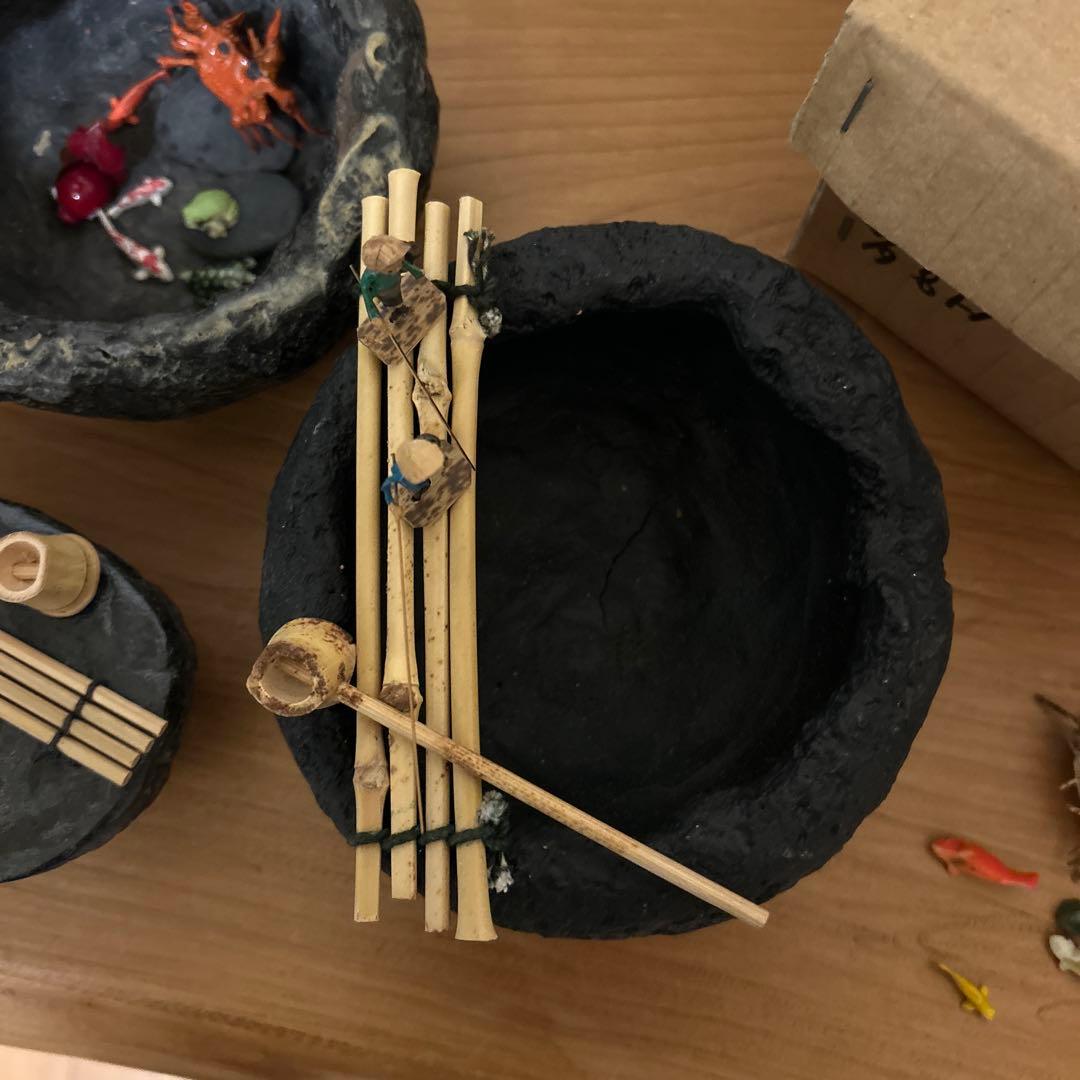 つくばい　水鉢　ミニチュア　カエル　鯉　亀　蟹　釣り人　ミニチュア