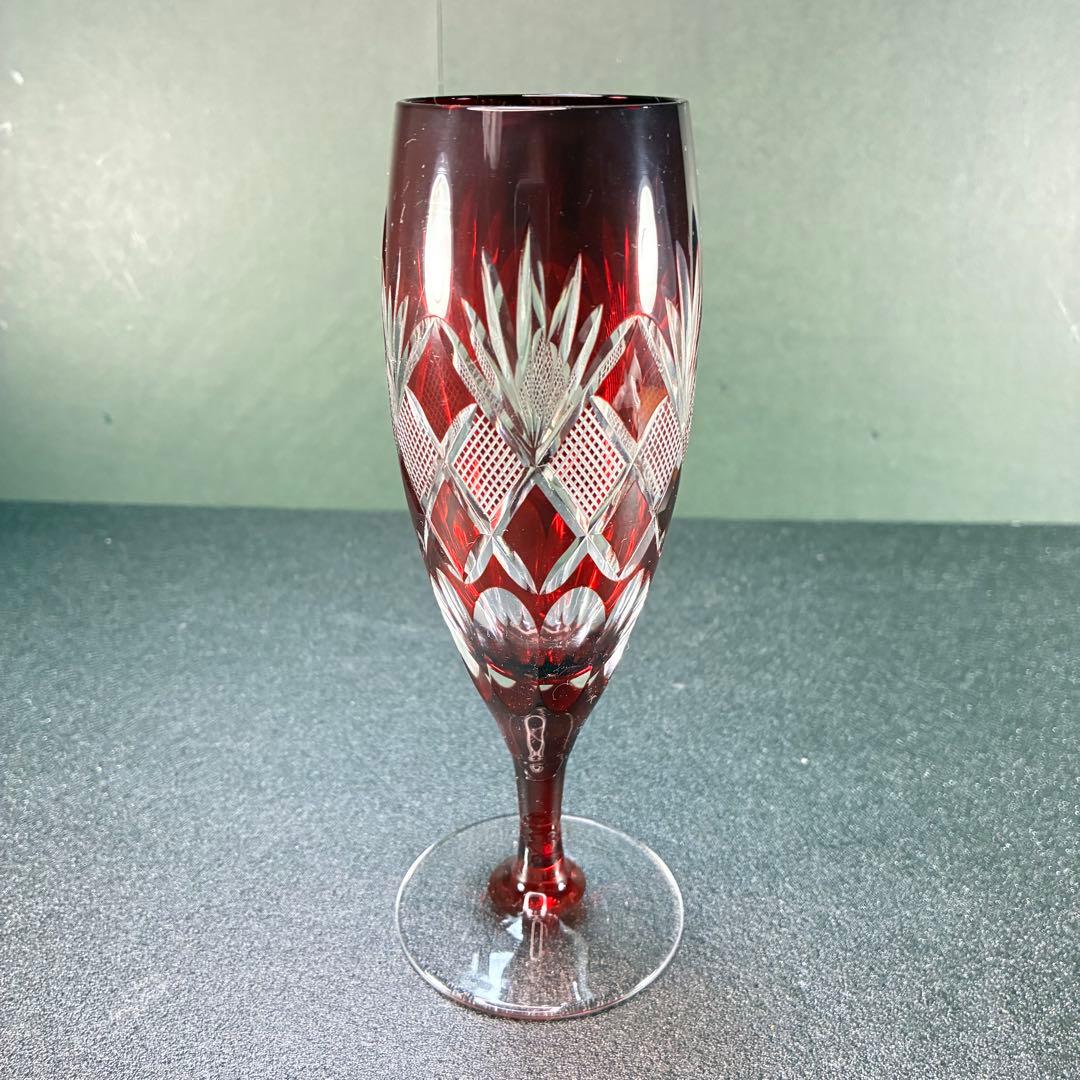 江戸切子 フルートグラス ペア 矢来魚子 赤 青 シャンパングラス 桐箱 切子