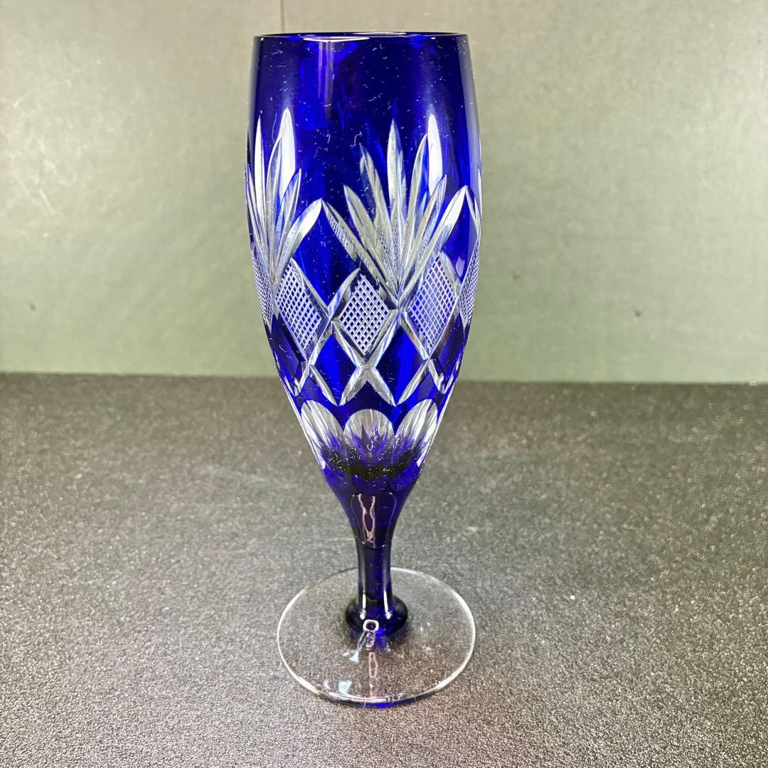 江戸切子 フルートグラス ペア 矢来魚子 赤 青 シャンパングラス 桐箱 切子