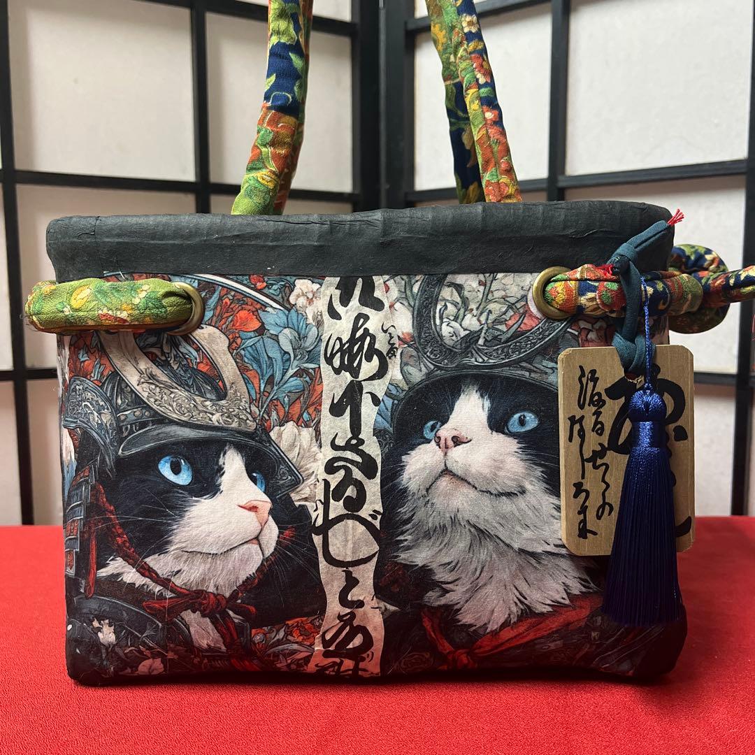 ロマネスクな猫将軍 一閑張り バッグ かごバッグ ハンドバッグ 猫 花柄