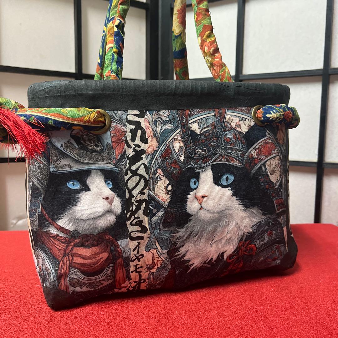 ロマネスクな猫将軍 一閑張り バッグ かごバッグ ハンドバッグ 猫 花柄