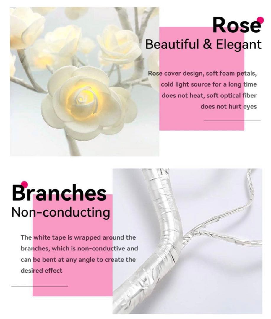 ローズツリーランプLED30個ローズナイトライトUSBバッテリー駆動 ホワイト✨️