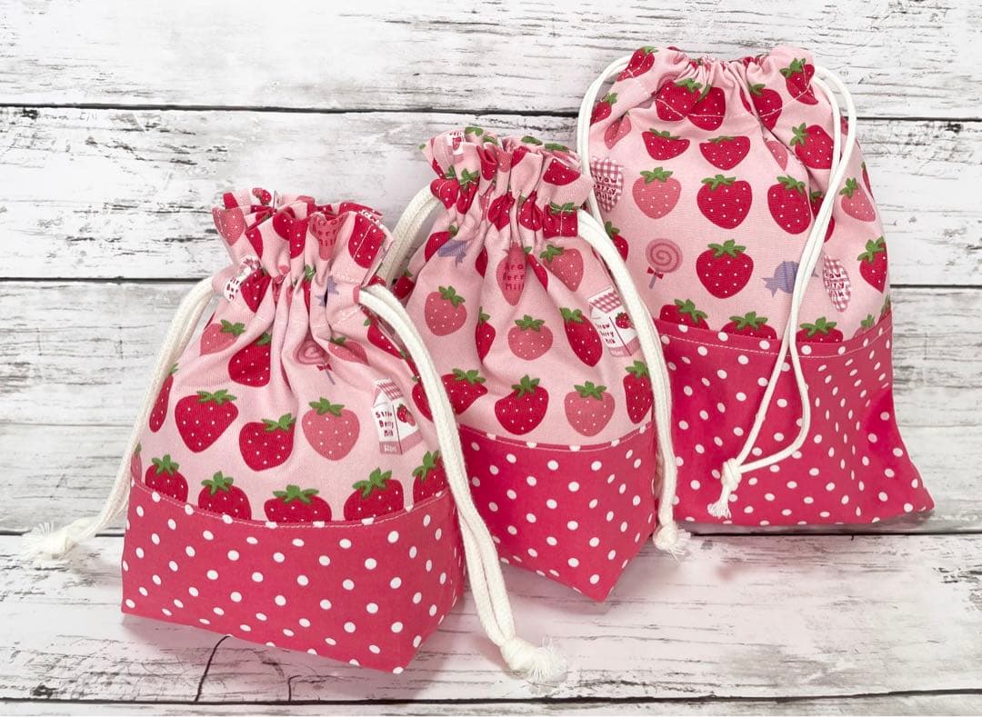 ハンドメイド 入園入学6点セット レッスンバッグセット いちご柄 ピンク系