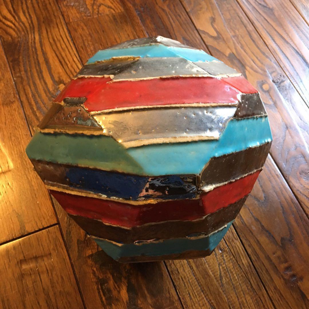 希少珍品！益子焼 瀬戸浩 赤青彩 銀條文壺 塩焼〆多面取壺 花器 飾壺 古美術品