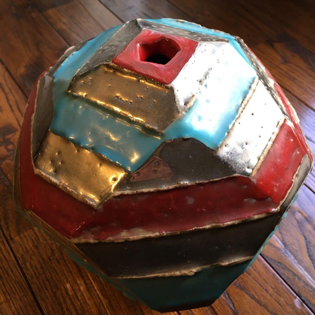 希少珍品！益子焼 瀬戸浩 赤青彩 銀條文壺 塩焼〆多面取壺 花器 飾壺 古美術品