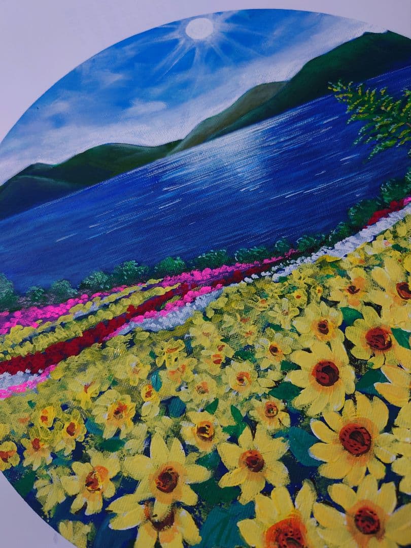 アクリル画　風景画　原画「チューリップ畑」 直径30cm×厚さ1.5c他計2点