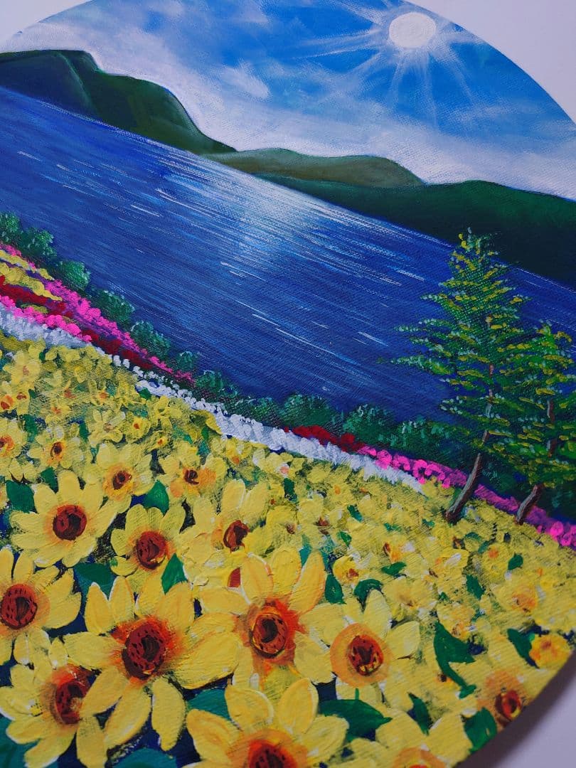 アクリル画　風景画　原画「チューリップ畑」 直径30cm×厚さ1.5c他計2点