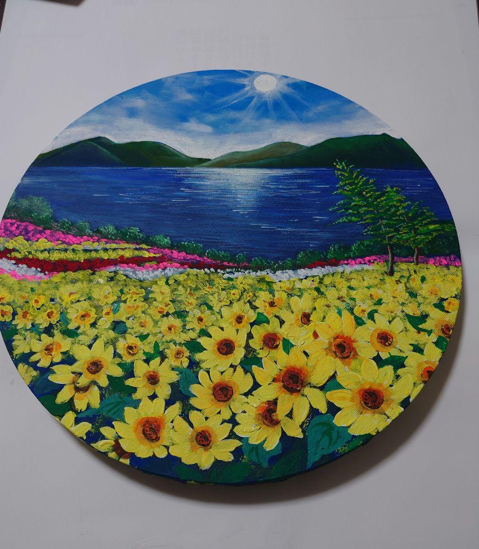 アクリル画　風景画　原画「チューリップ畑」 直径30cm×厚さ1.5c他計2点