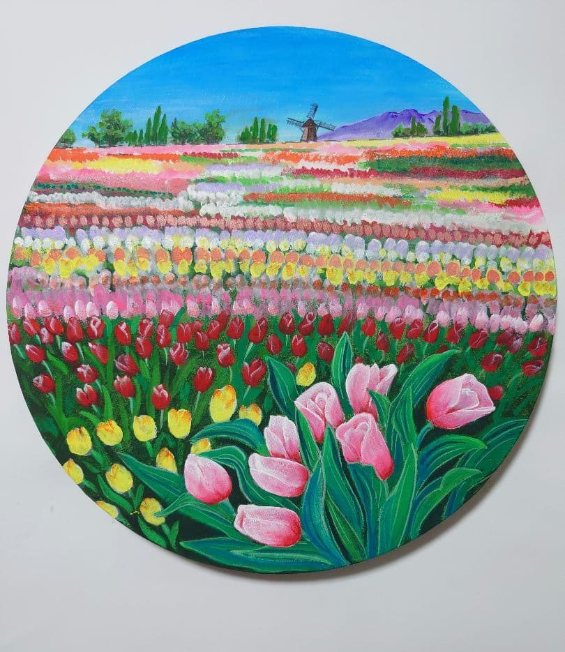 アクリル画　風景画　原画「チューリップ畑」 直径30cm×厚さ1.5c他計2点