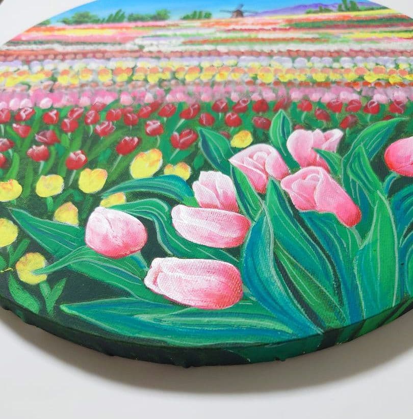 アクリル画　風景画　原画「チューリップ畑」 直径30cm×厚さ1.5c他計2点