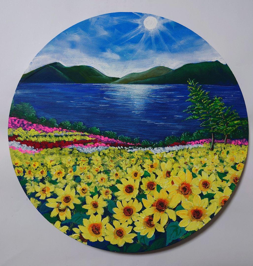 アクリル画　風景画　原画「チューリップ畑」 直径30cm×厚さ1.5c他計2点
