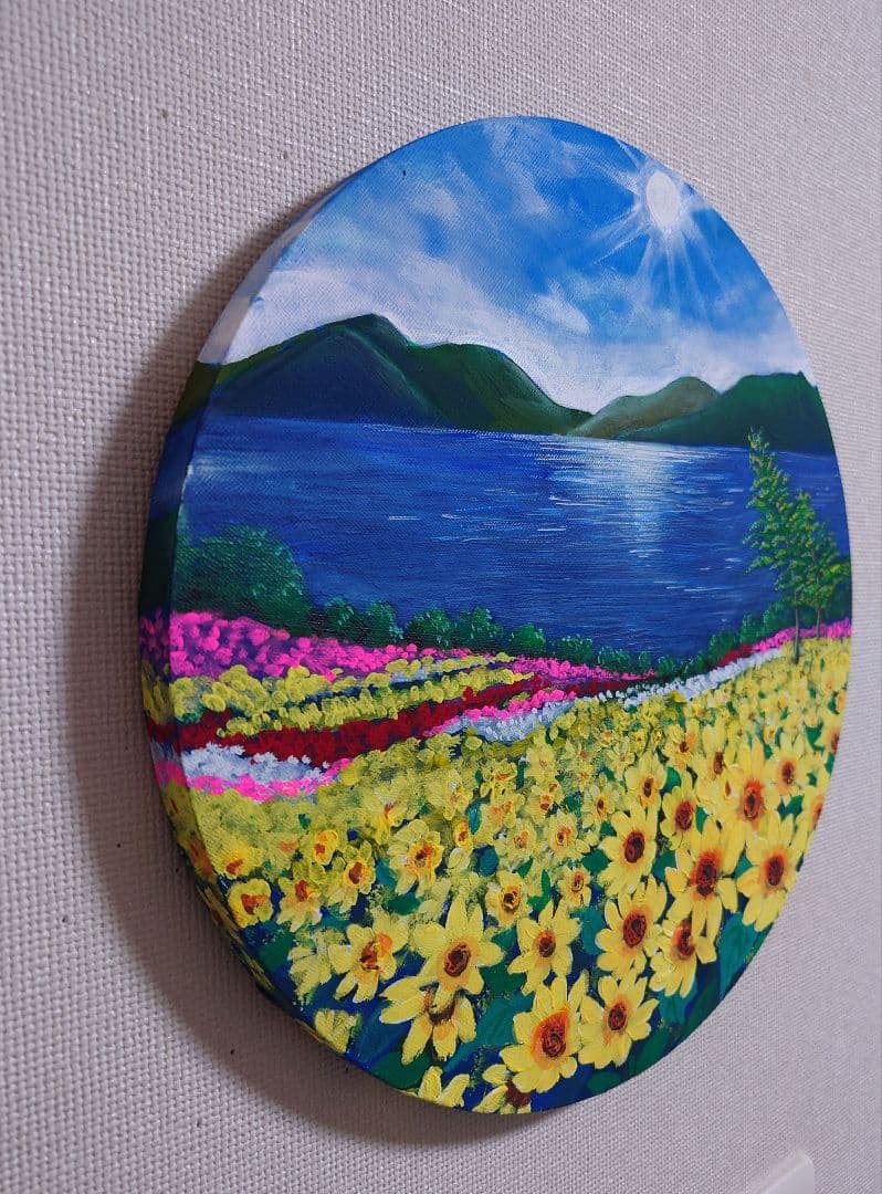 アクリル画　風景画　原画「チューリップ畑」 直径30cm×厚さ1.5c他計2点