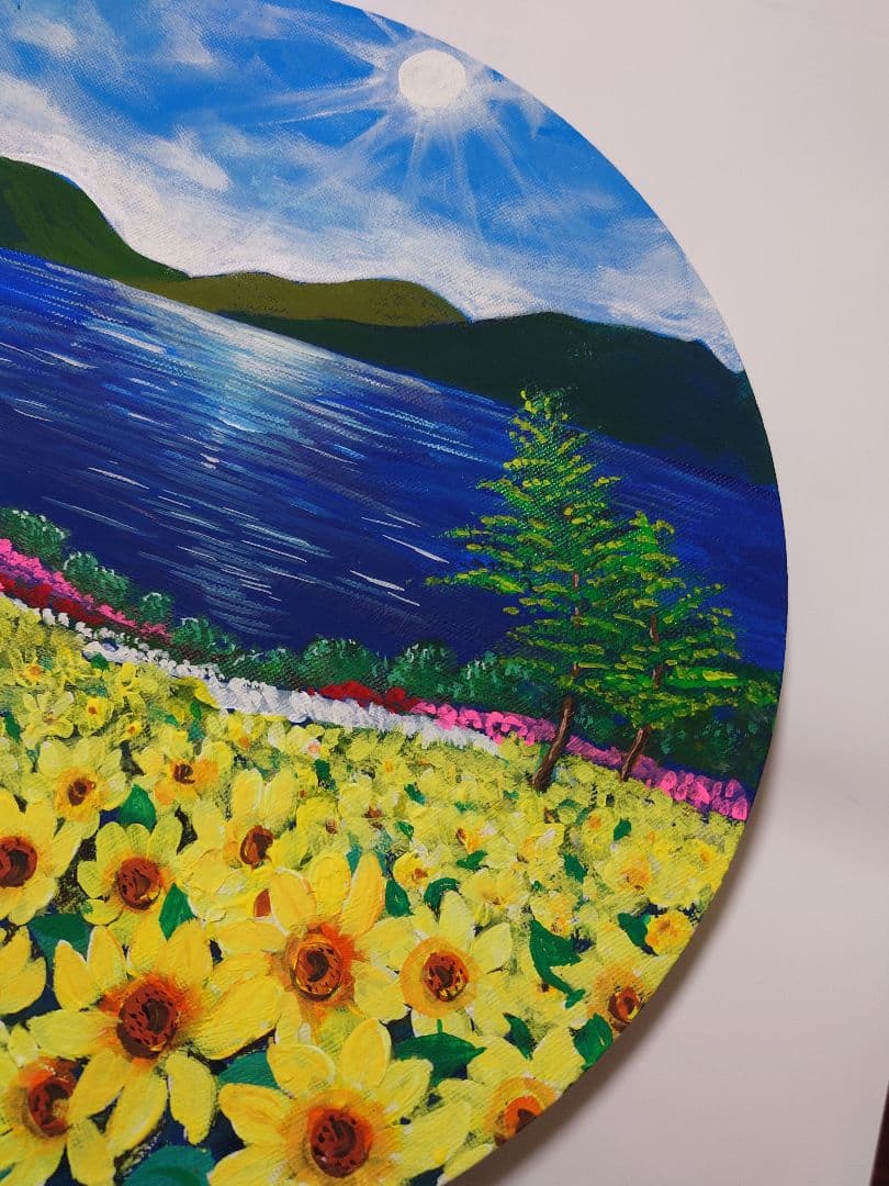 アクリル画　風景画　原画「チューリップ畑」 直径30cm×厚さ1.5c他計2点