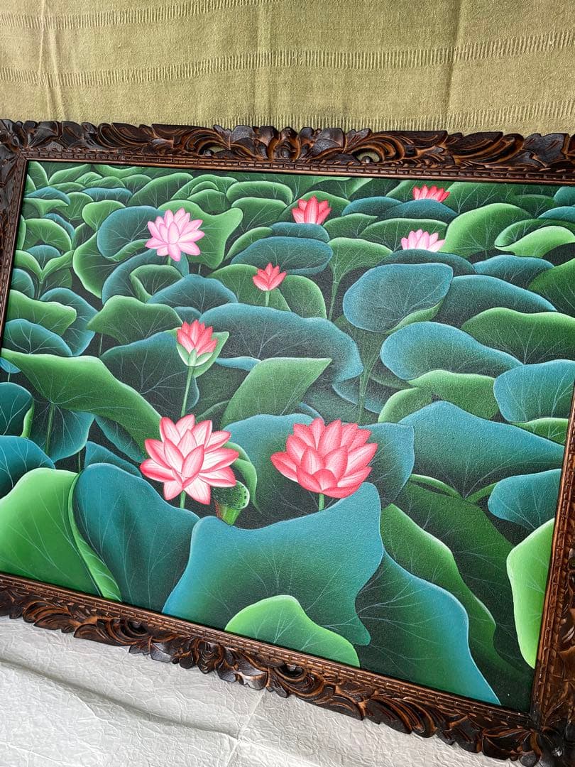 大サイズ！ロータス蓮の花と葉のリアリズム絵画 バリ島インドネシア　アジアン