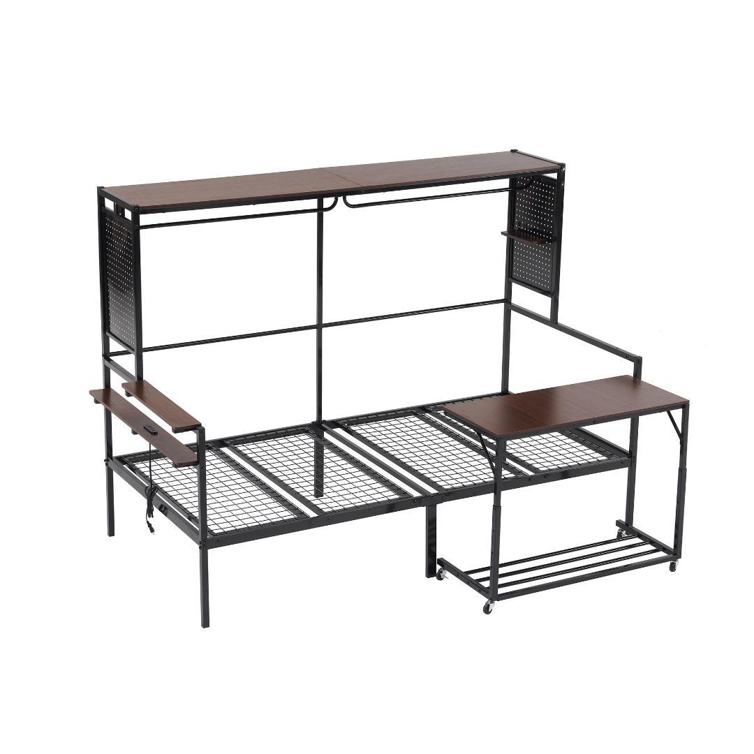 【新品】【ブラック】ロフトベッド 北欧風木目 移動デスク付き 耐震 大人用