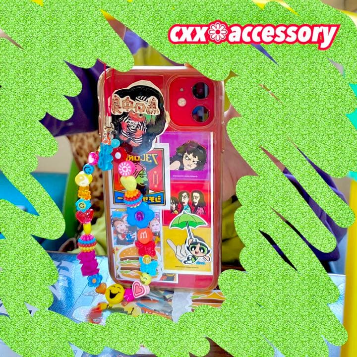 【s-53】ビーズストラップ スマホ❁ニコちゃん カラフル 個性的古着韓国
