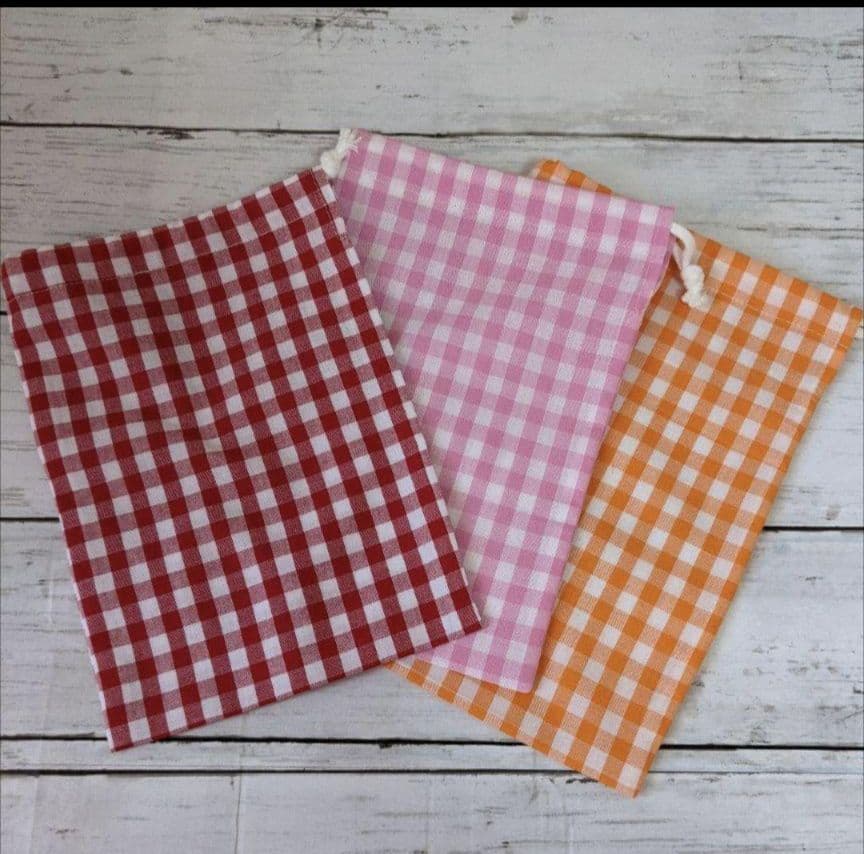 ギンガムチェック　赤　ピンク　オレンジ　ハンドメイド　給食袋　3枚セット　巾着
