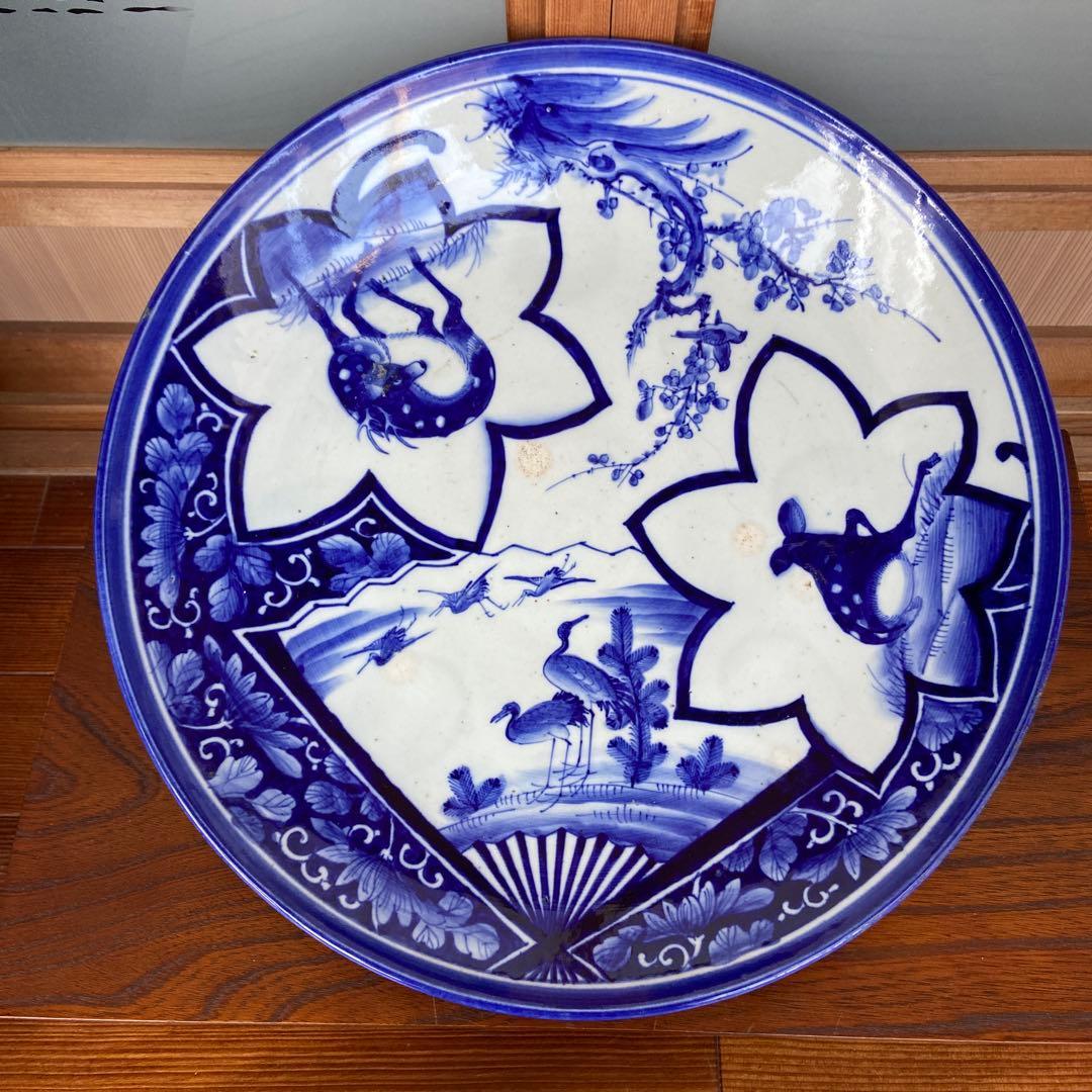 古伊万里染付扇面鶴松錦秋鹿鳴図大皿