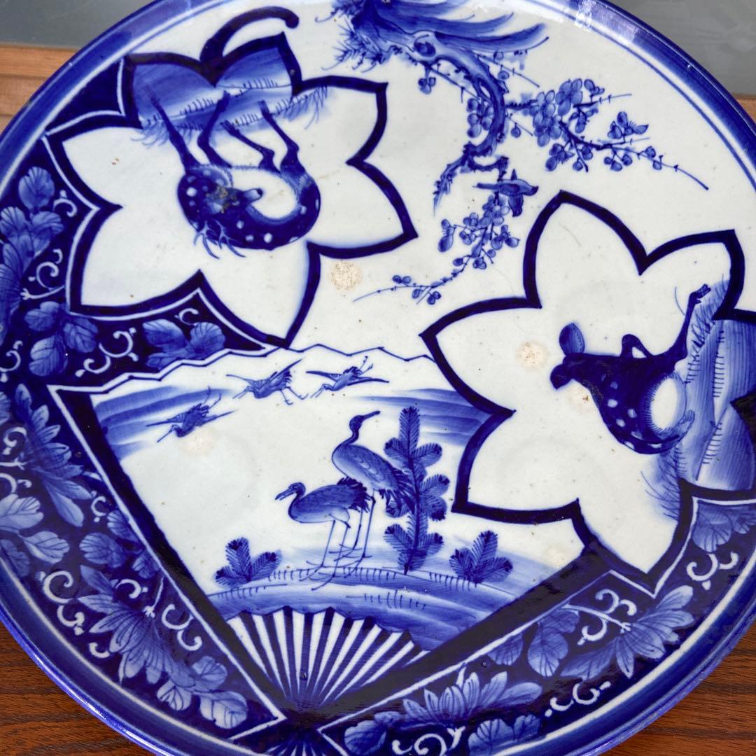 古伊万里染付扇面鶴松錦秋鹿鳴図大皿