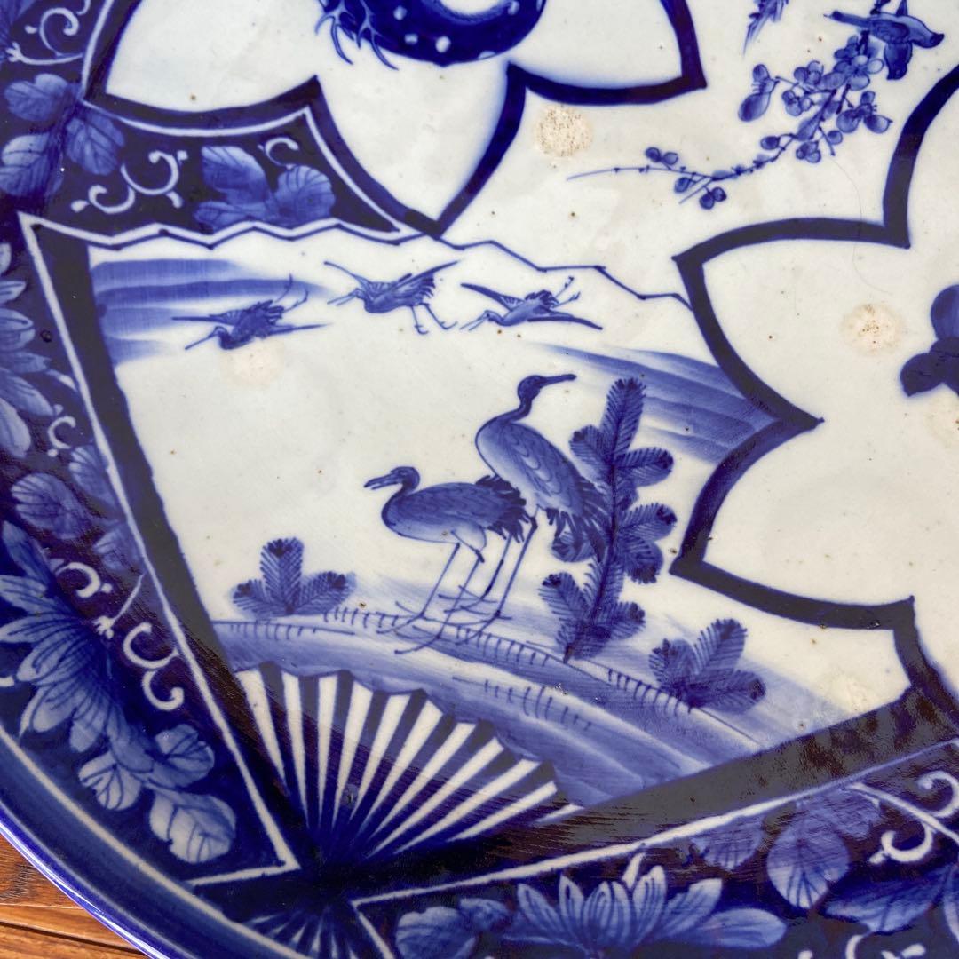 古伊万里染付扇面鶴松錦秋鹿鳴図大皿