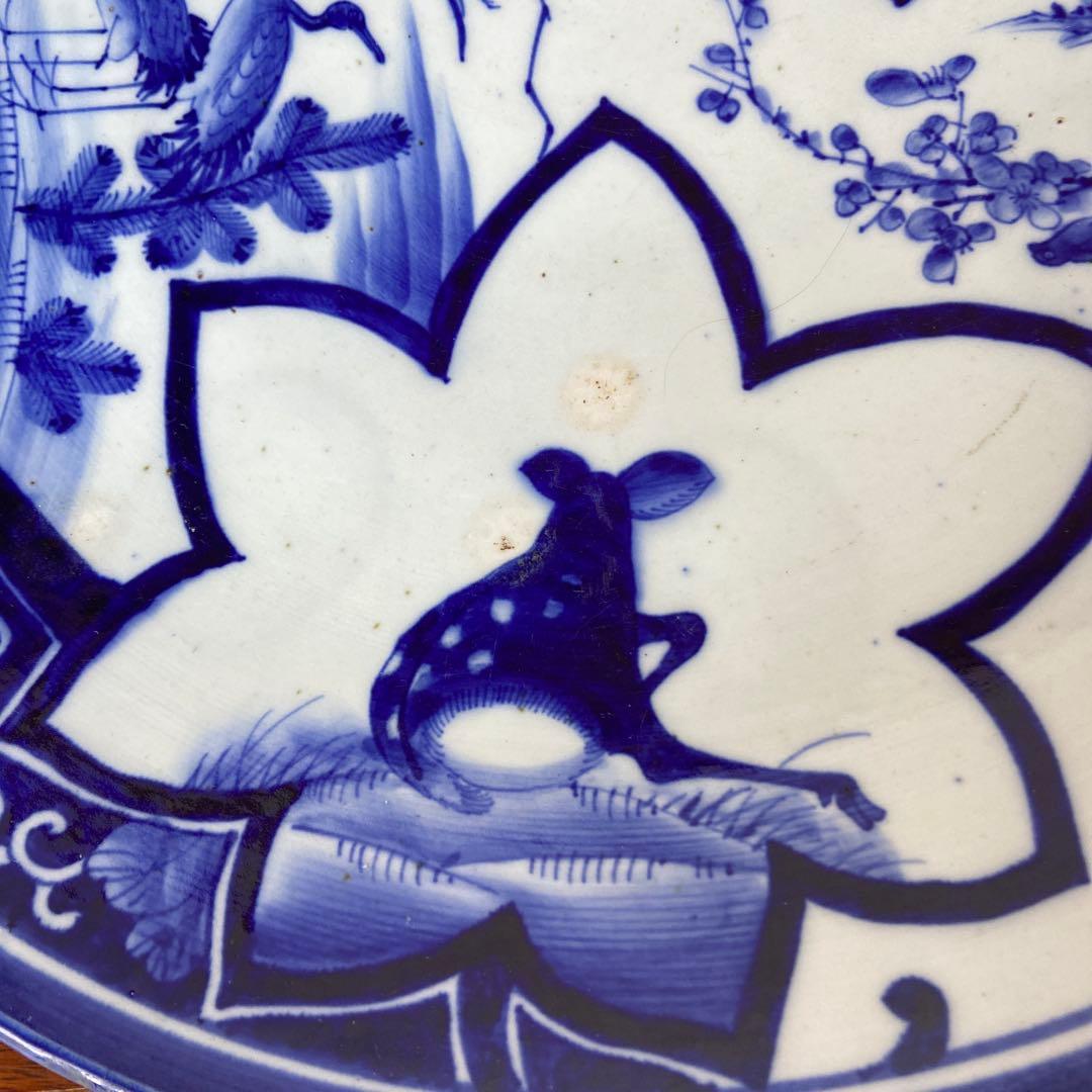 古伊万里染付扇面鶴松錦秋鹿鳴図大皿