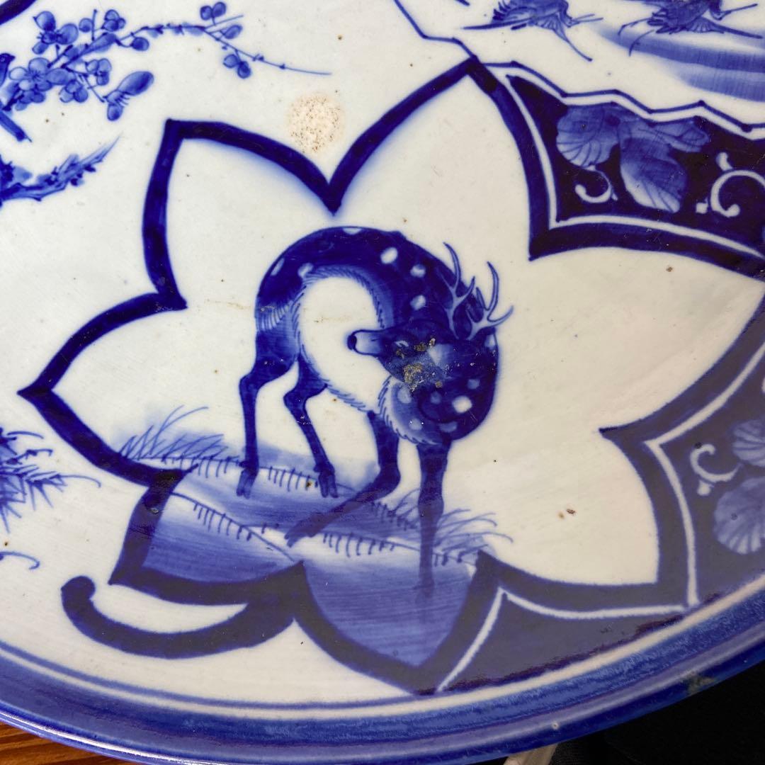 古伊万里染付扇面鶴松錦秋鹿鳴図大皿