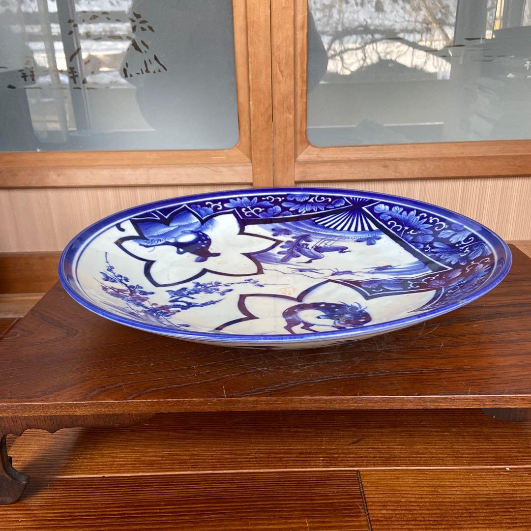 古伊万里染付扇面鶴松錦秋鹿鳴図大皿